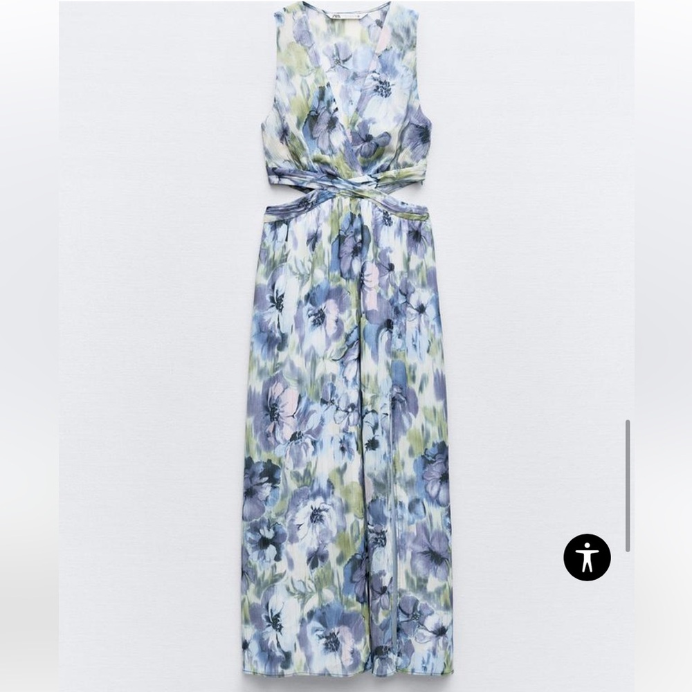 NWT ZARA BLUE METALLIC THREAD PRINTED CUT OUT MAXI DRESS Size L